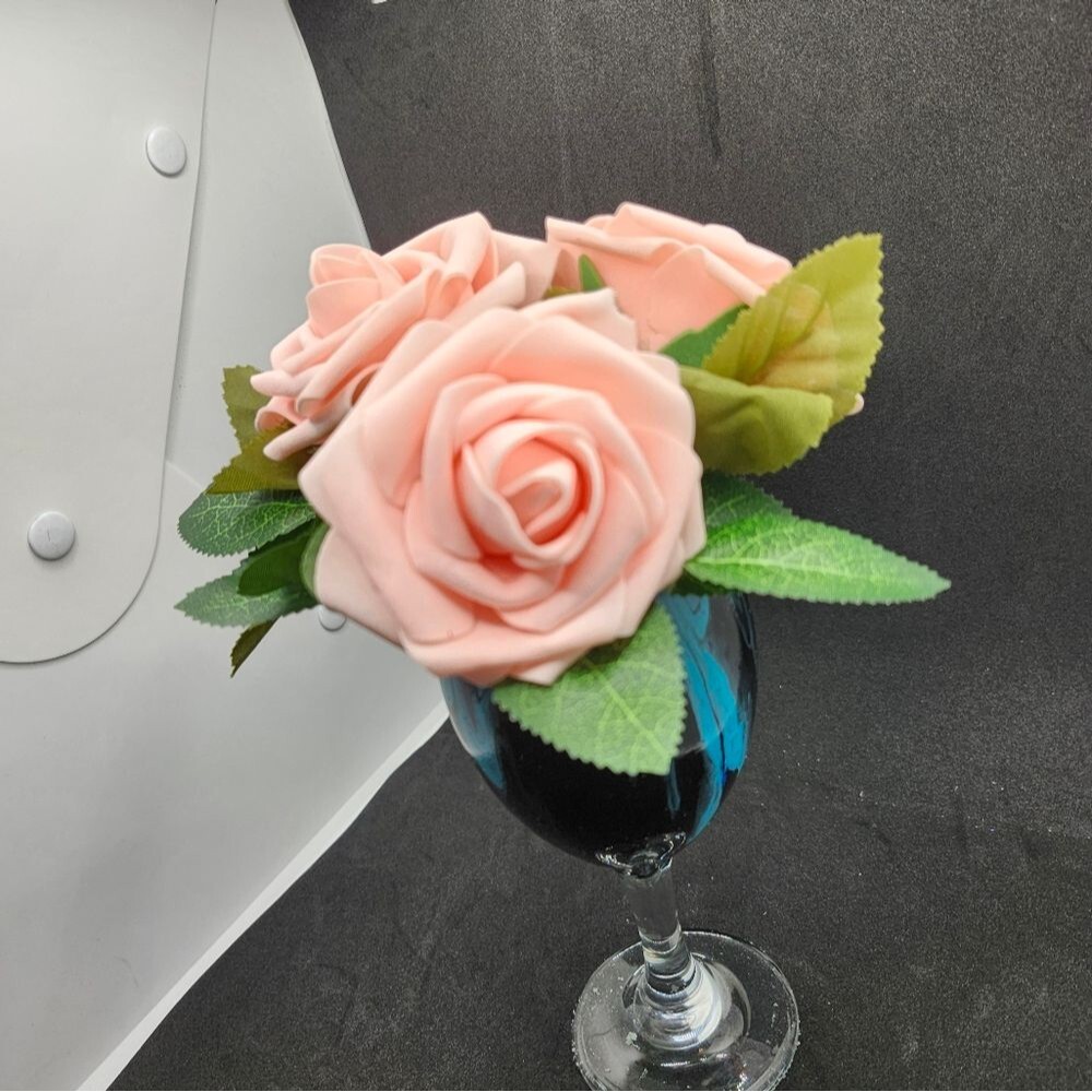 Hand Crafted Floral Table Centerpiece  Summer Peach Roses Flower Wine Glass